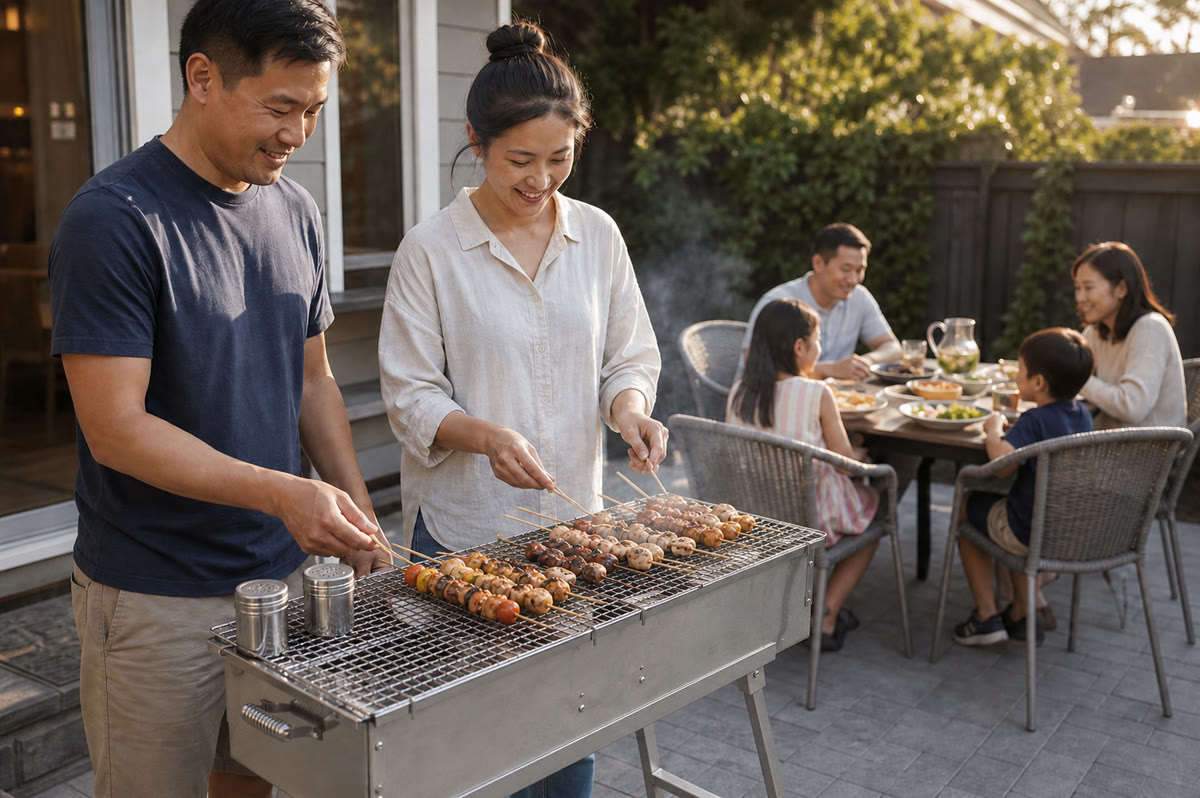 Party Griller stainless steel charcoal grill set up for a backyard BBQ
