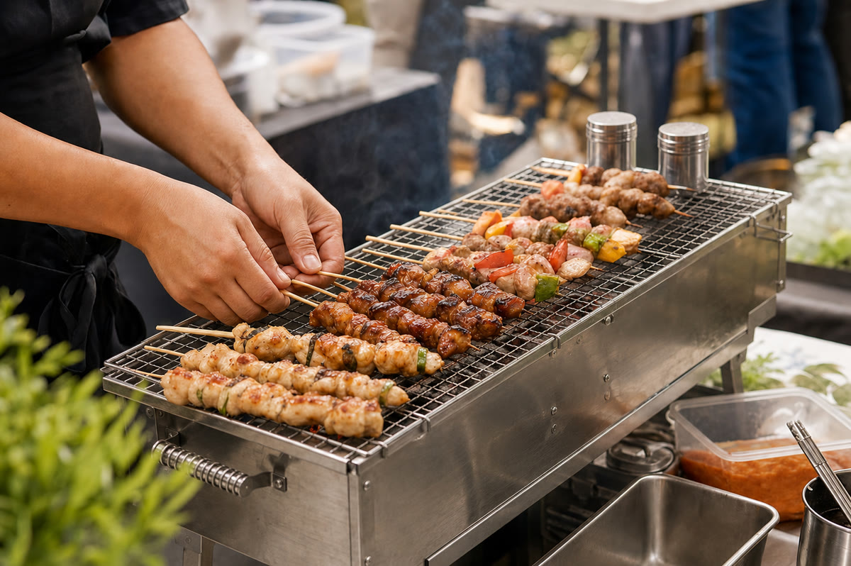 Skewers cooking in rows on the Party Griller stainless steel charcoal grill for a crowd