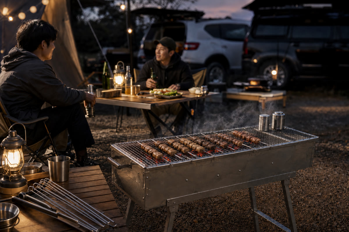 Party Griller stainless steel charcoal grill ready for camping and tailgates