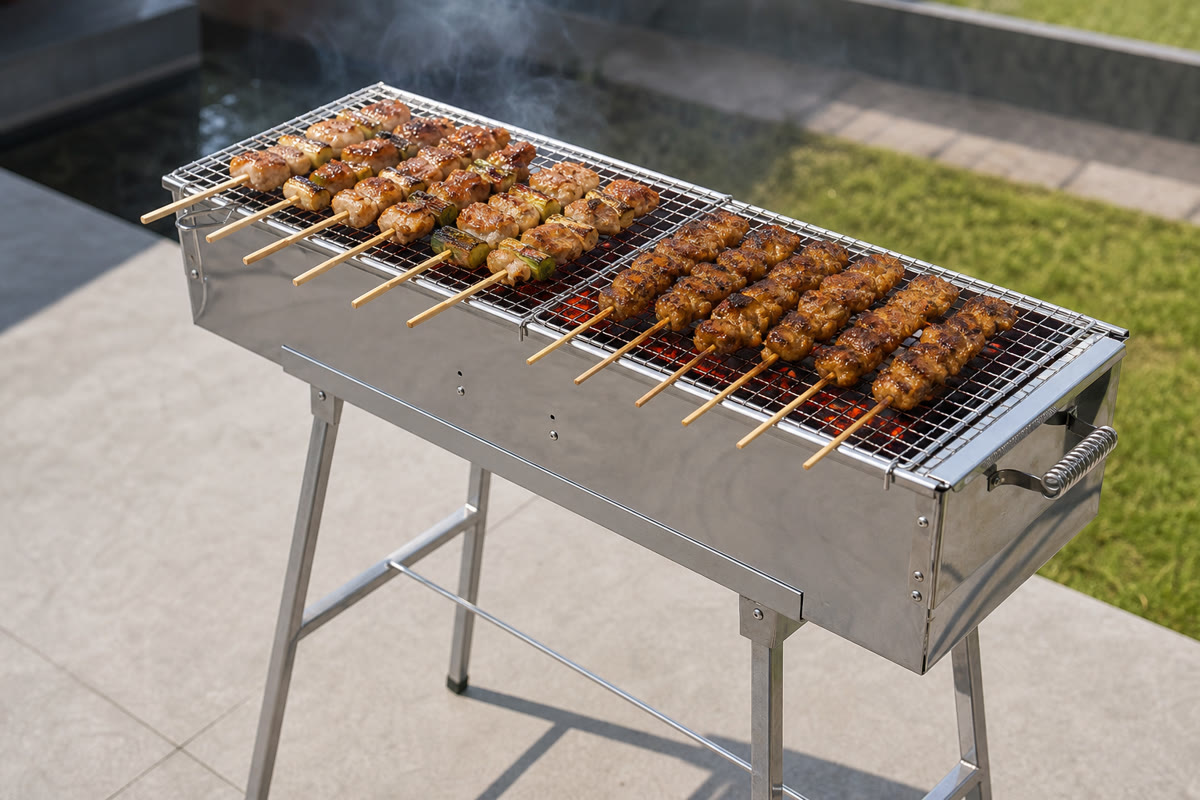 Party Griller 32 inch extra wide stainless steel charcoal grill with skewers over coals