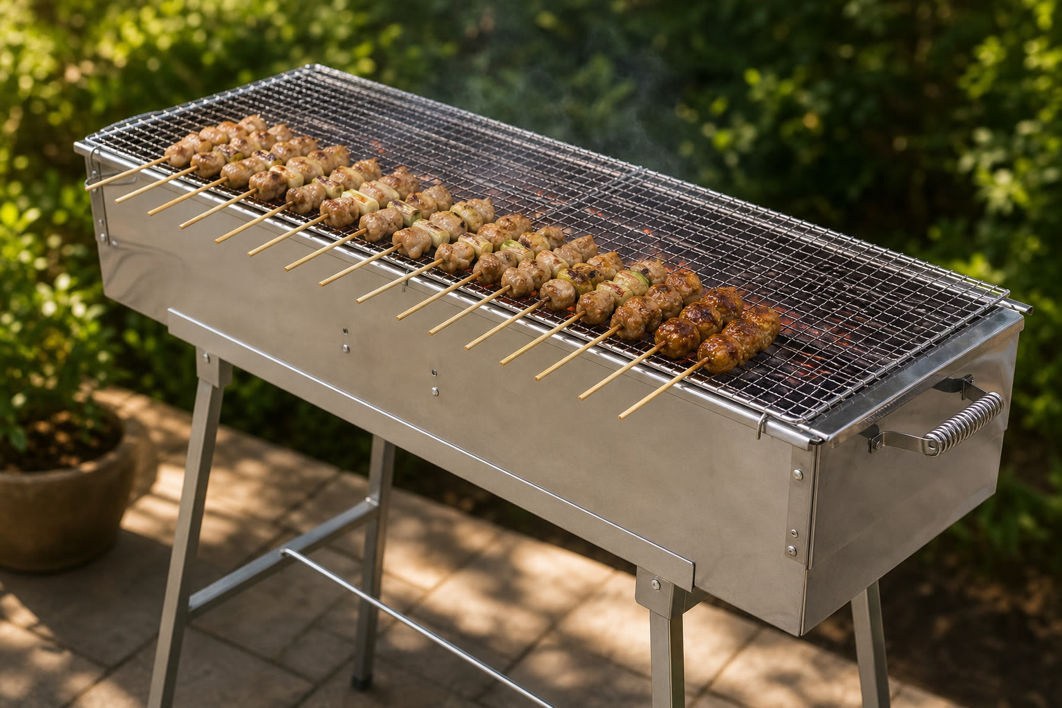 Yakitori sticks lined along the edge of the Party Griller 32 inch extra wide stainless steel grill