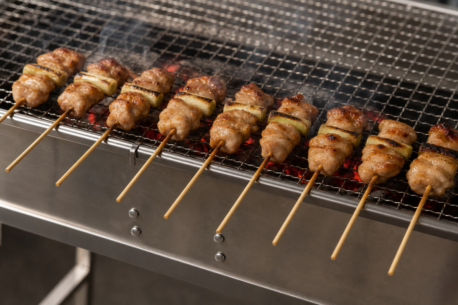 Close-up of yakitori sticks lined along the long edge of the Party Griller stainless steel charcoal grill